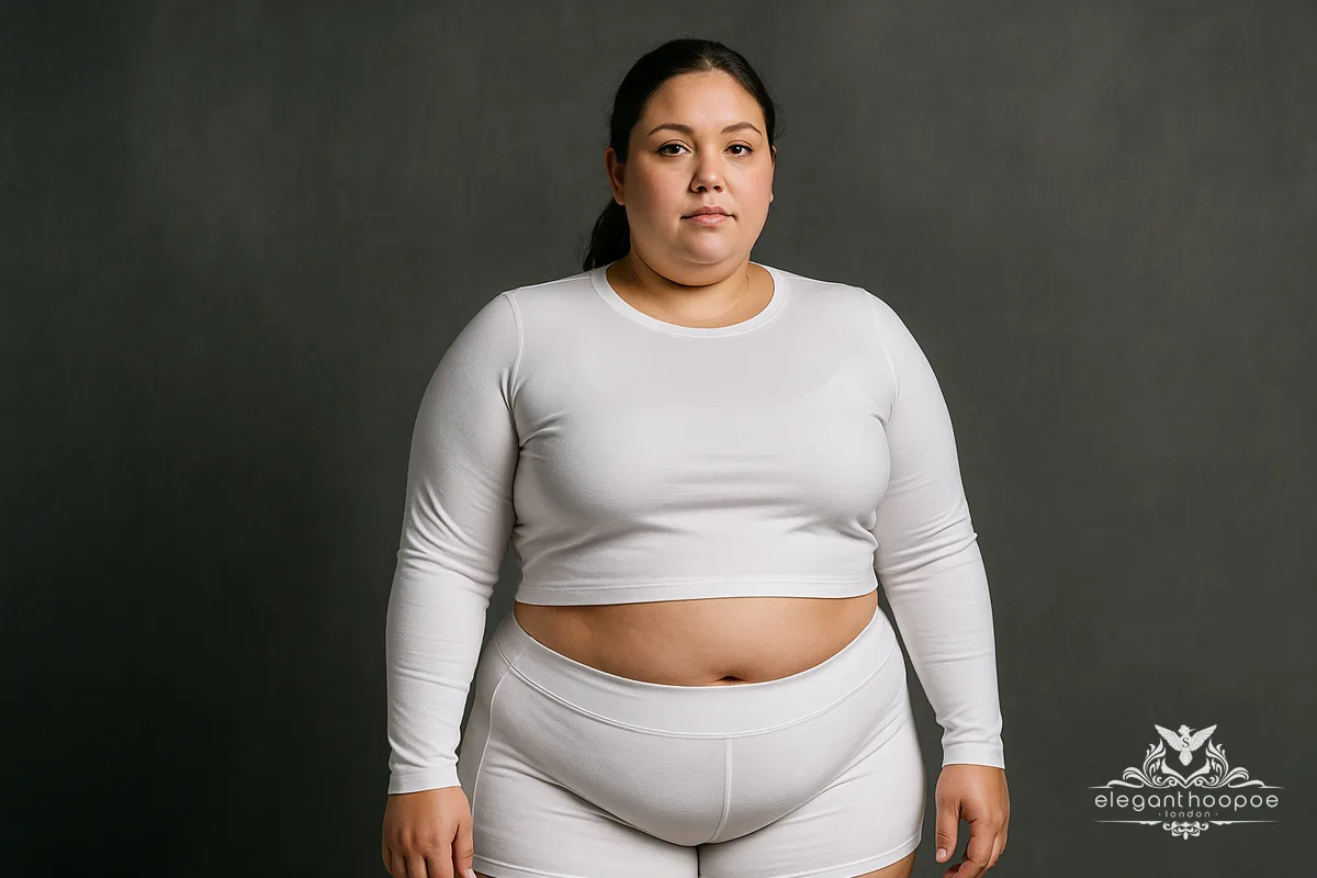 Individual in pink crop top and black shorts with a fuller figure, representing the physical traits of an overweight BMI category