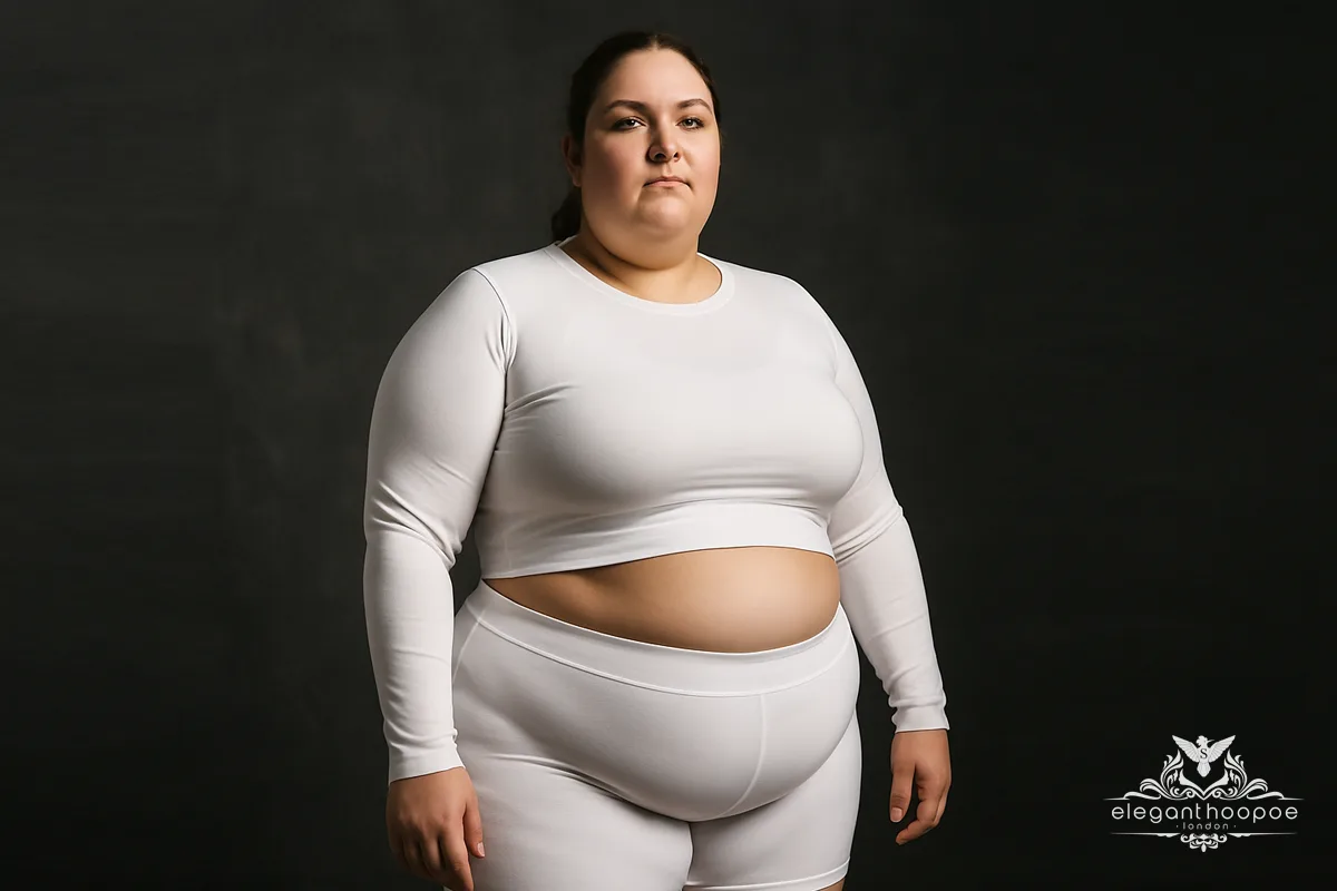 A person in a white long-sleeve crop top and shorts with a large body frame, rounded abdomen, and broad figure representing obesity