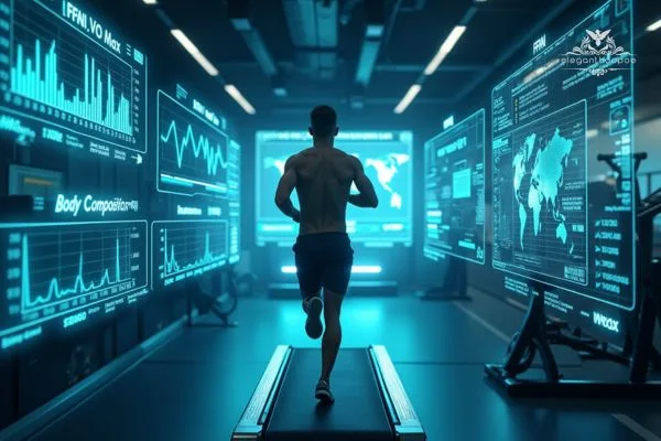 Muscular athlete in gym with arms crossed, surrounded by screens showing body fat percentage, FFMI, and performance data