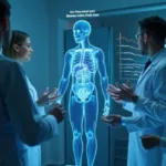 Group of doctors examining a holographic human body to study biomass index and its impact on longevity.