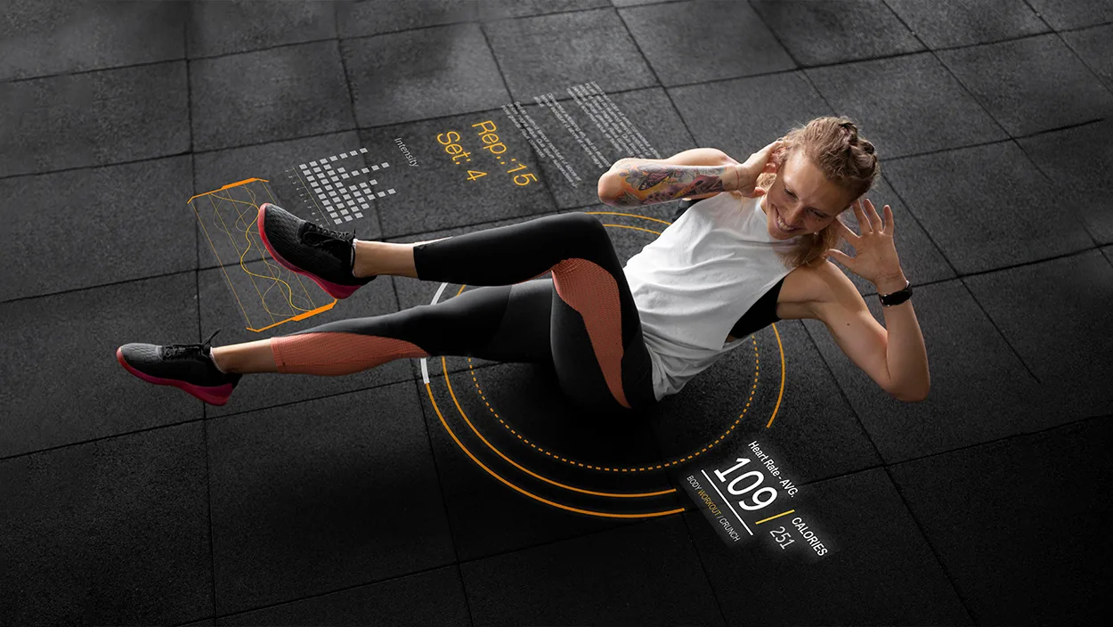 Person performing a crunch on gym floor with overlays showing reps, sets, heart rate, and calories burned , showing how to achieve a healthy Body mass index and reduce disease risk