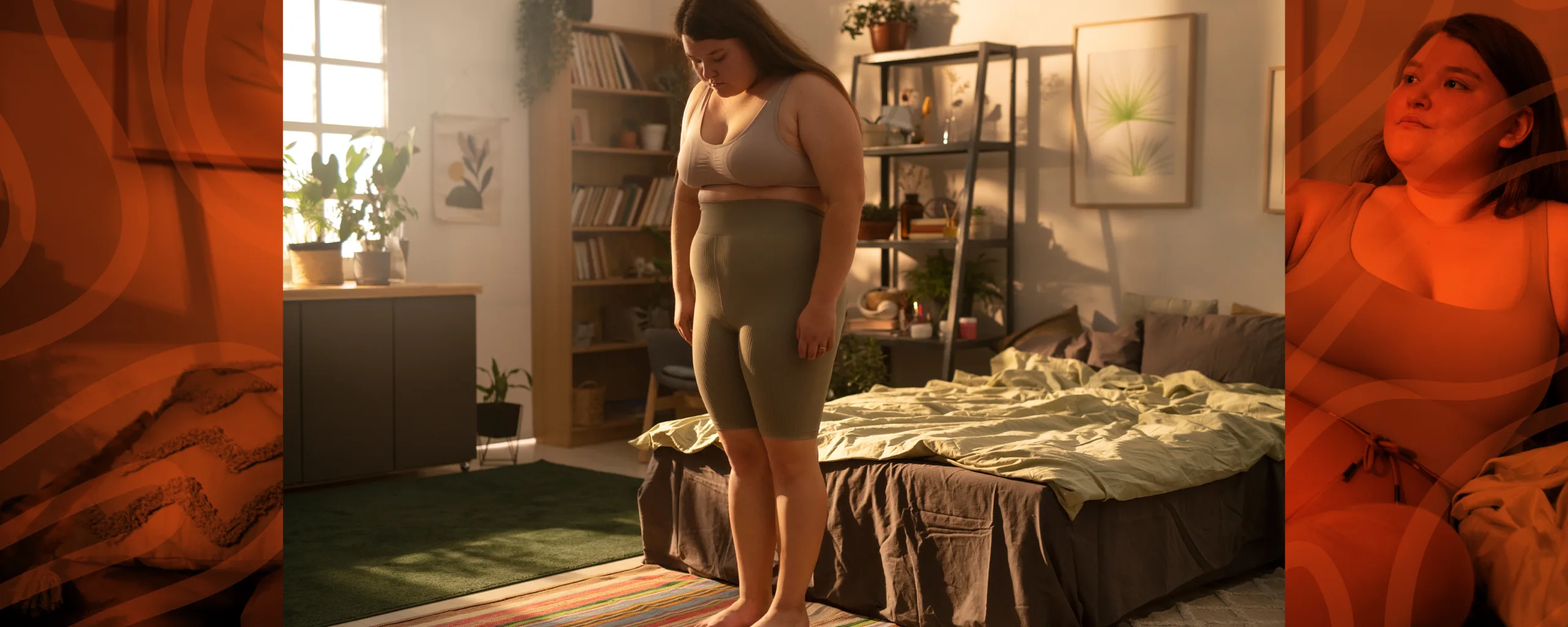 Fit individual in sportswear measuring waist and hips with a tape to illustrate fat distribution patterns