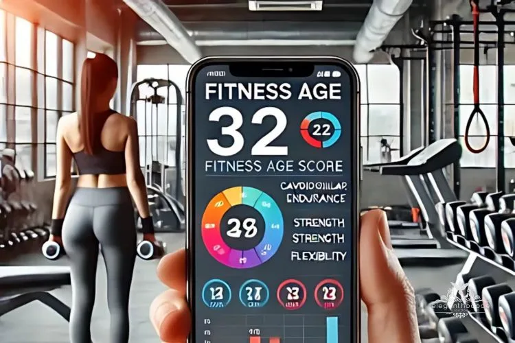 Person holding smartphone displaying body composition metrics—fitness age, fat-to-muscle ratio, muscle mass, and fat mass in a gym setting