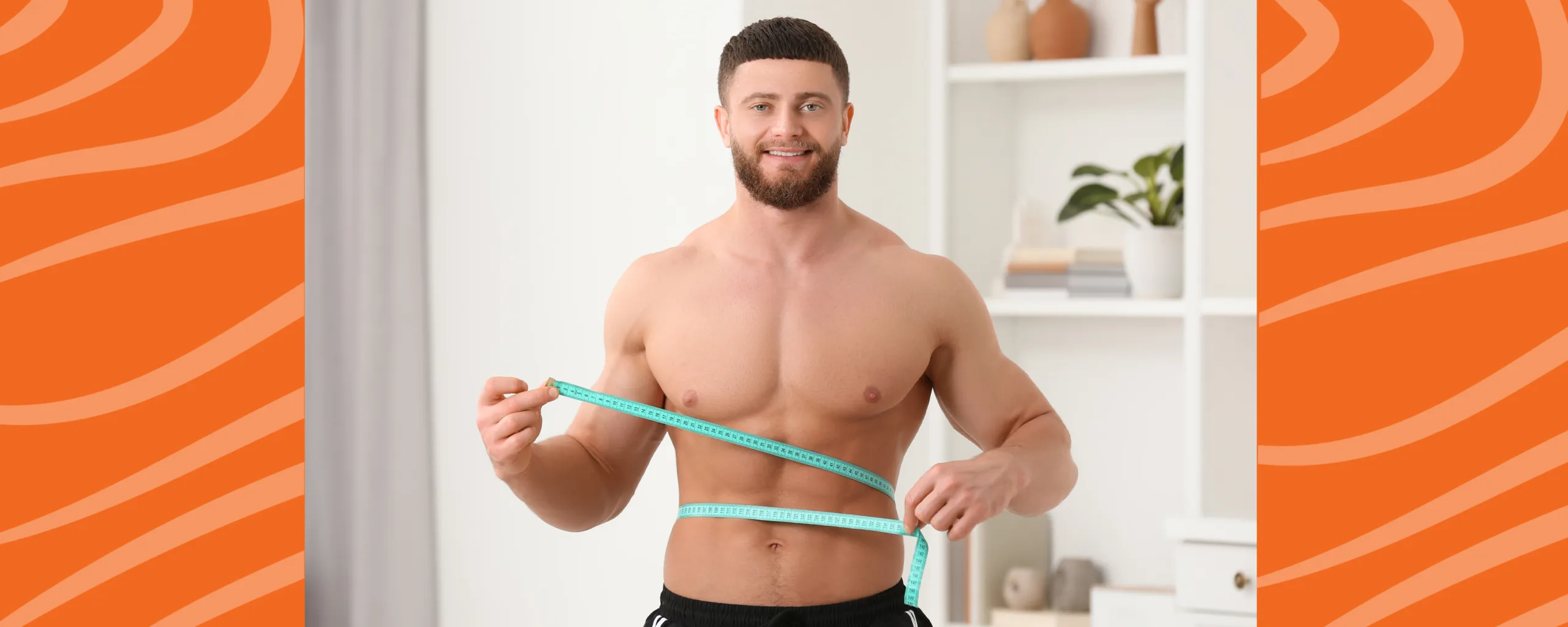 Man standing on a digital scale while wrapping a tape measure around his waist to assess muscle-fat balance