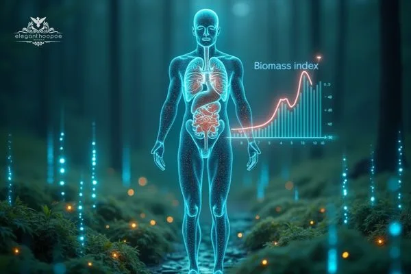 Holographic display of a human silhouette with muscle and fat segments, charts, and data overlays illustrating biomass index metrics