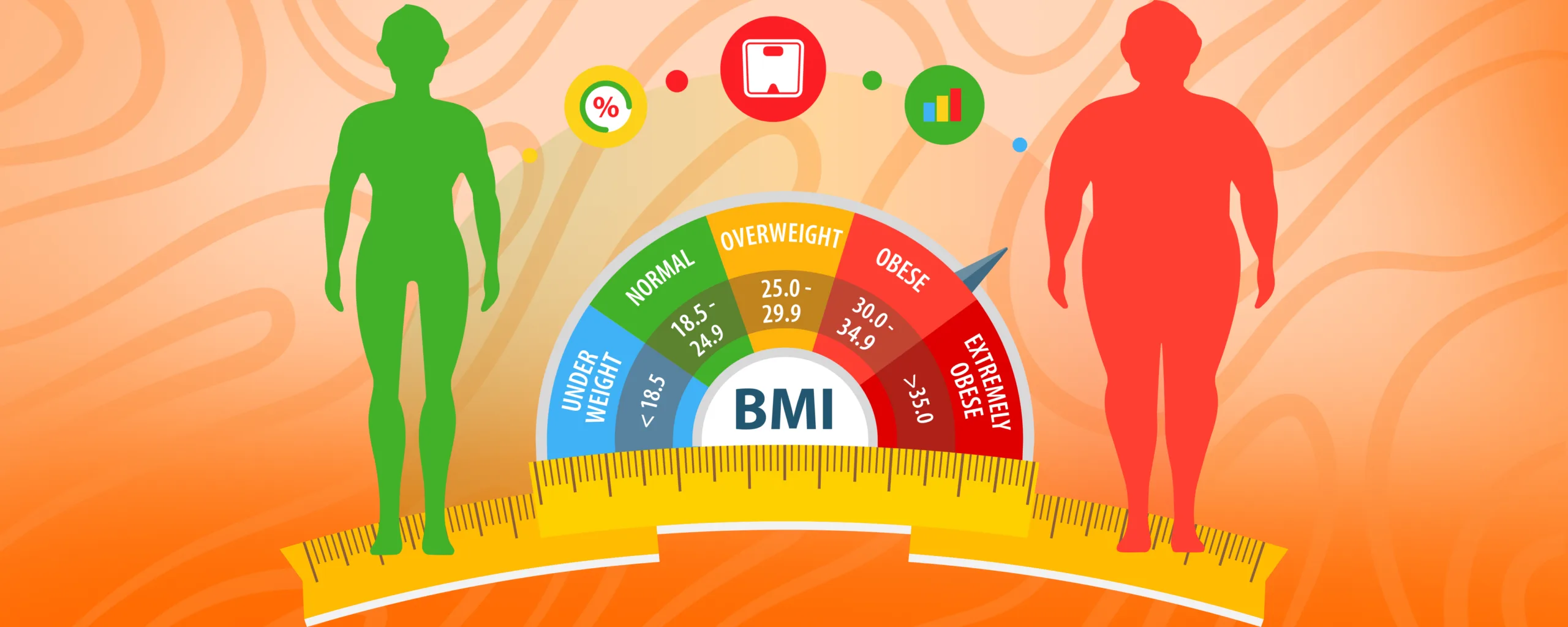 Colorful gauge illustrating BMI ranges from underweight to extremely obese with data icons