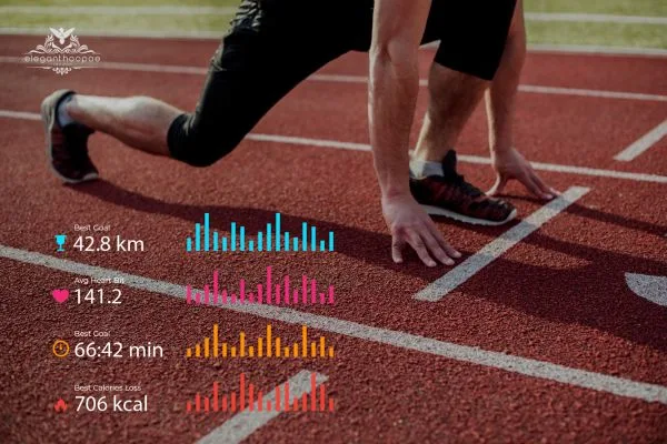athlete in black activewear at race starting line with colorful fitness metrics including BMI, calories burned, and heart rate displayed on screen