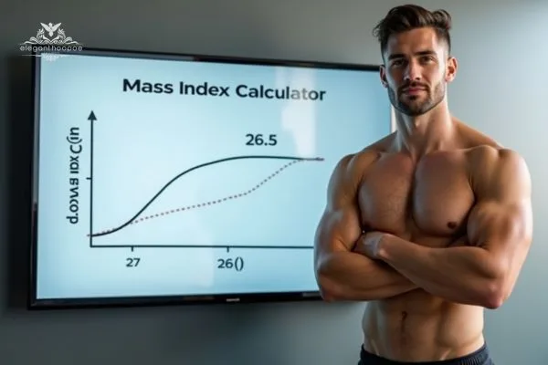 Muscular man standing with arms crossed in front of a mass index (BMI) calculator graph on a screen