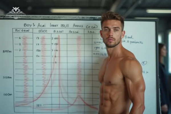 A muscular man standing next to a whiteboard with a detailed graph and table outlining the BMI calculation and categories