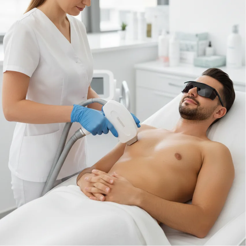 Client enjoying painless full body laser hair removal session in private room at Elegant Hoopoe Clinic Dubai.